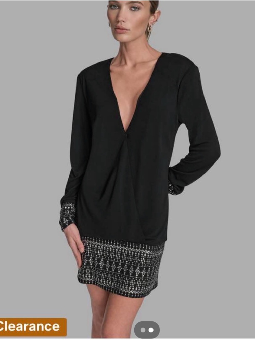 BCBG Black Long-Sleeve Mini Dress with Embellished Hem
